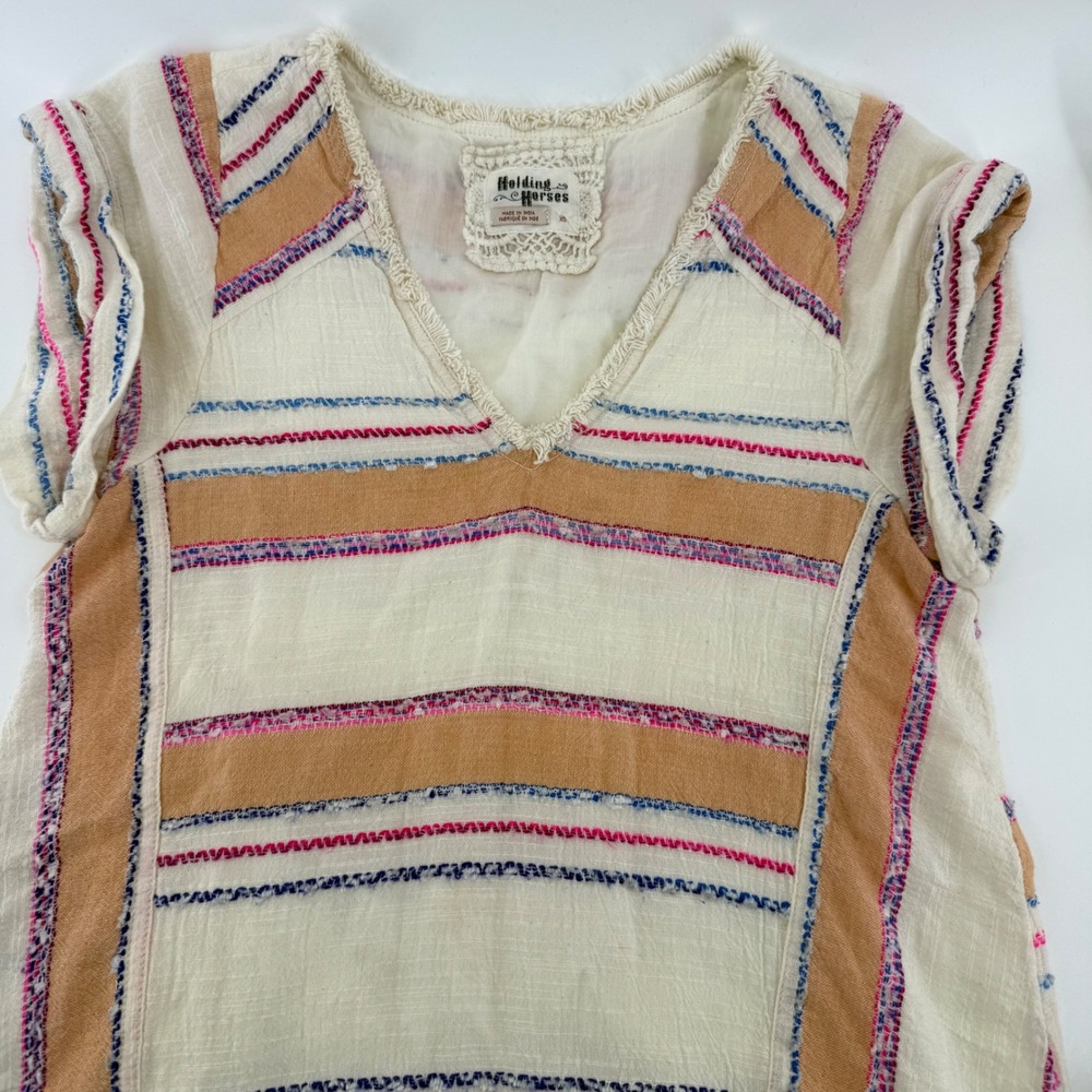 Holding Horses Anthropologie Striped V-Neck Fringe Mini Dress Multi-Color XS